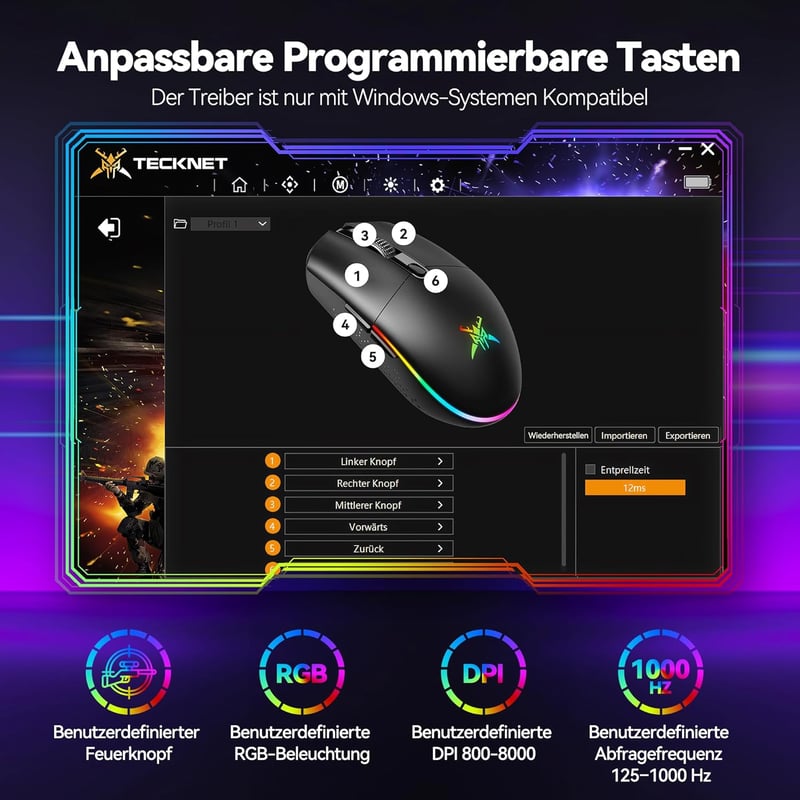 TECKNET Vezeték Nélküli Gamer Egér, 8000 DPI, RGB Világítás, 6 Programozható Gomb, 72g Könnyű, 100 Órás Akkumulátor, Kettős Csatlakozás