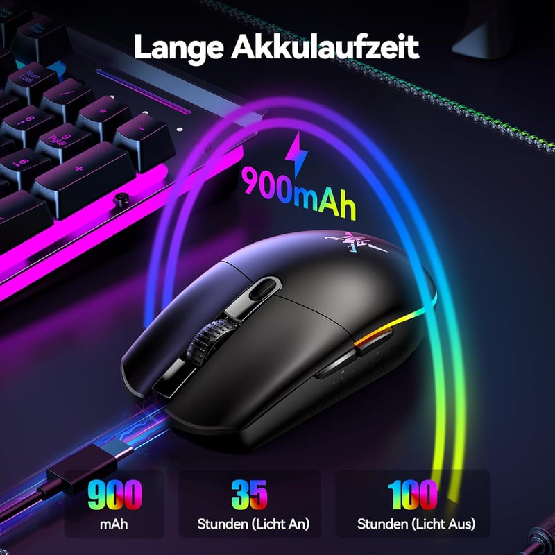 TECKNET Vezeték Nélküli Gamer Egér, 8000 DPI, RGB Világítás, 6 Programozható Gomb, 72g Könnyű, 100 Órás Akkumulátor, Kettős Csatlakozás