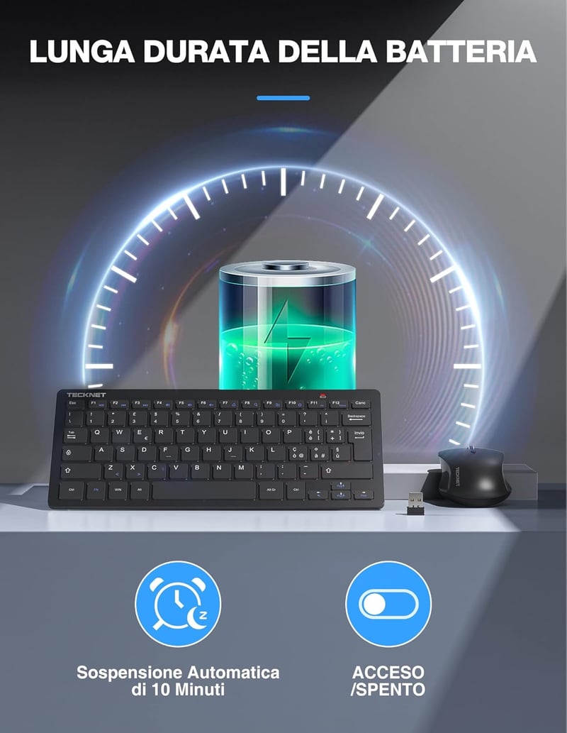 TECKNET Wireless Billentyűzet és Egér Szett, 2.4G Nano USB, Csendes Egér, Multimédia Funkciók - Medium, Grey Dark