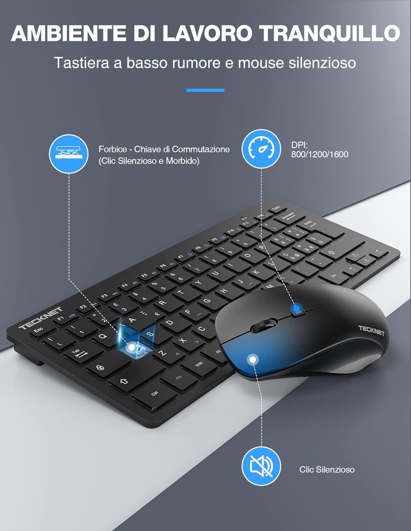 TECKNET Wireless Billentyűzet és Egér Szett, 2.4G Nano USB, Csendes Egér, Multimédia Funkciók - Medium, Grey Dark