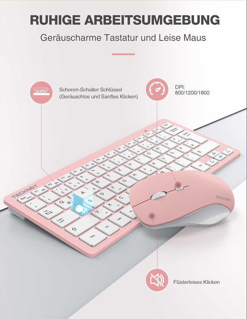 TECKNET Wireless Billentyűzet és Egér Szett, Német QWERTZ, 2.4 GHz, Rózsaszín