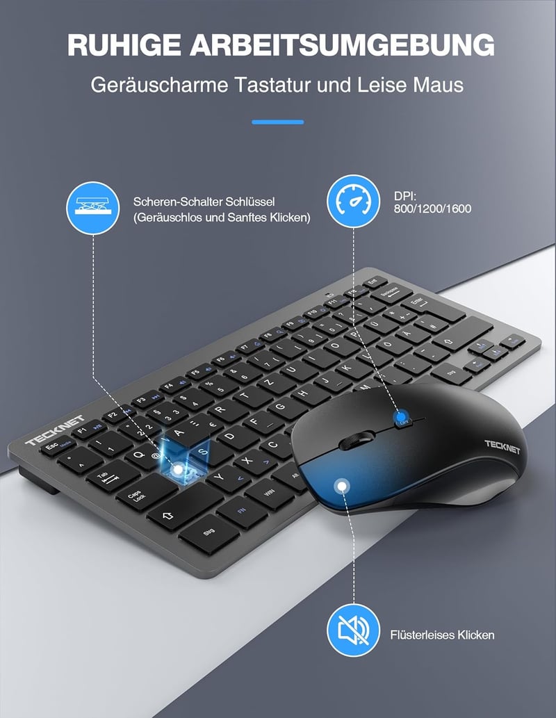 TECKNET Wireless Billentyűzet és Egér Szett, Német QWERTZ, 2.4 GHz, 15m Hatótáv, PC/Laptop/TV