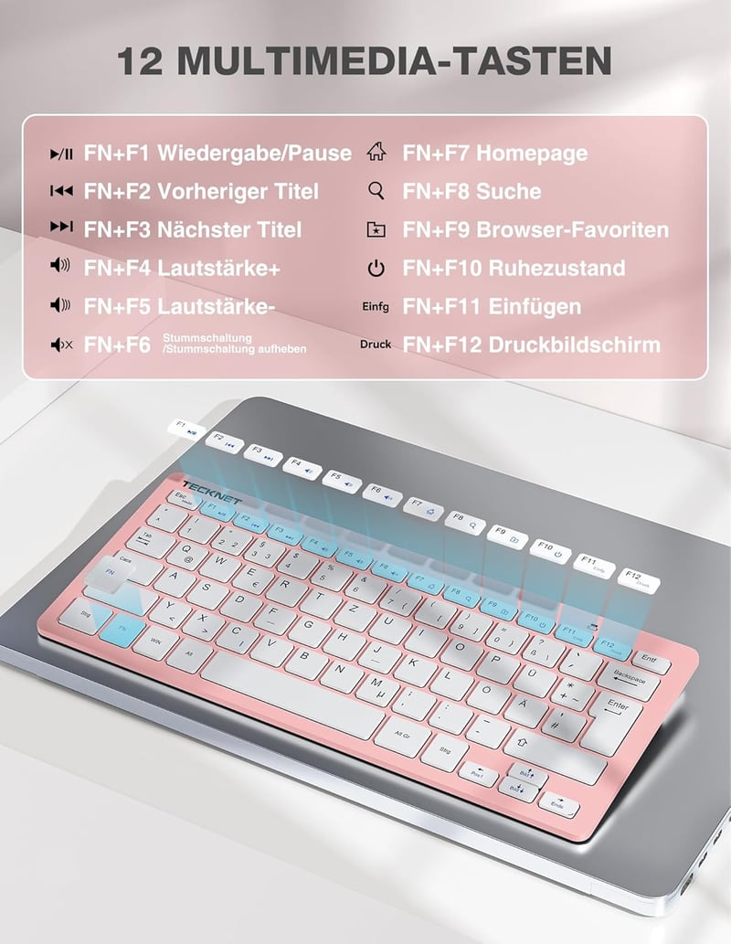 TECKNET Wireless Billentyűzet és Egér Szett, Német QWERTZ, 2.4 GHz, Rózsaszín