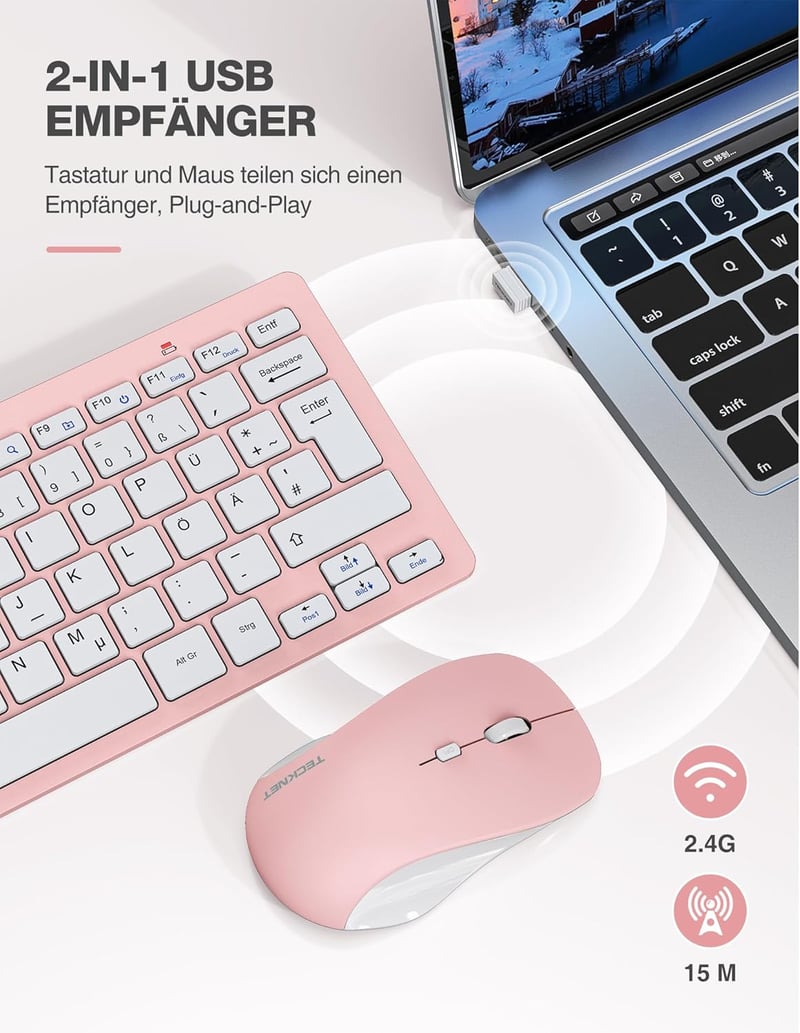 TECKNET Wireless Billentyűzet és Egér Szett, Német QWERTZ, 2.4 GHz, Rózsaszín