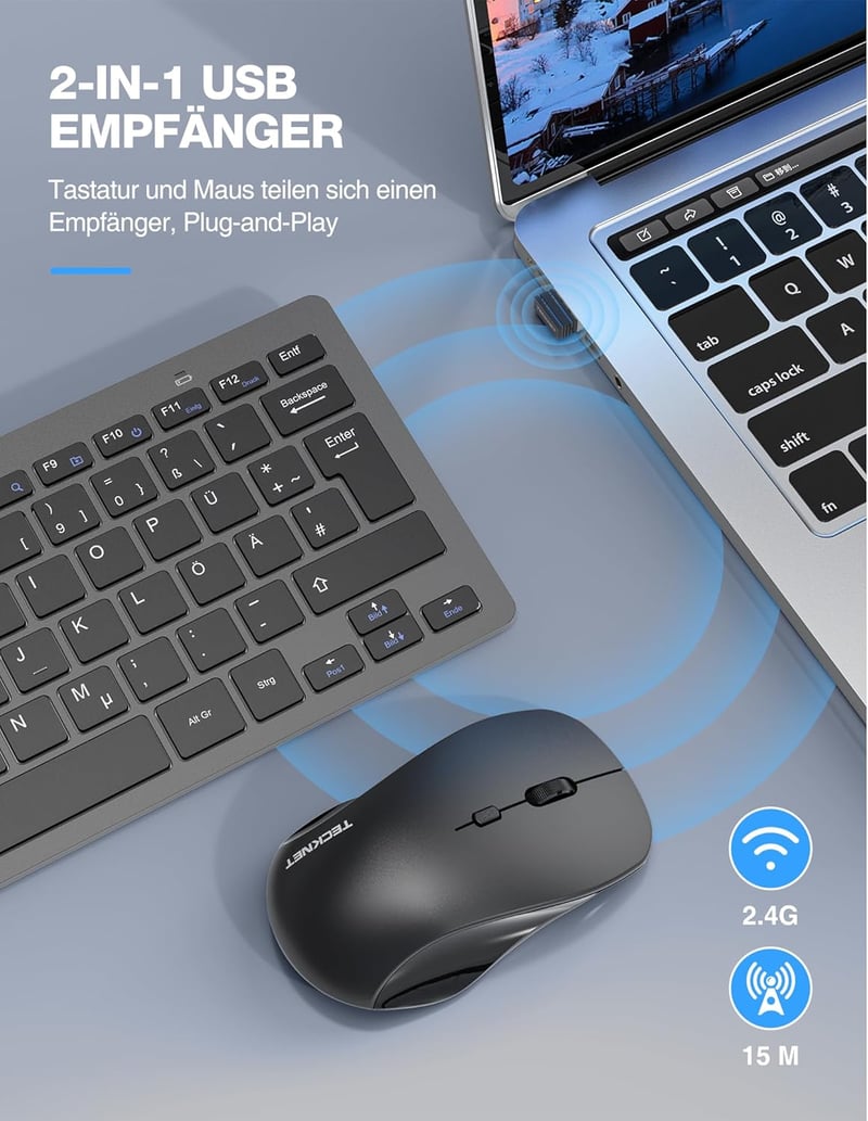 TECKNET Wireless Billentyűzet és Egér Szett, Német QWERTZ, 2.4 GHz, 15m Hatótáv, PC/Laptop/TV