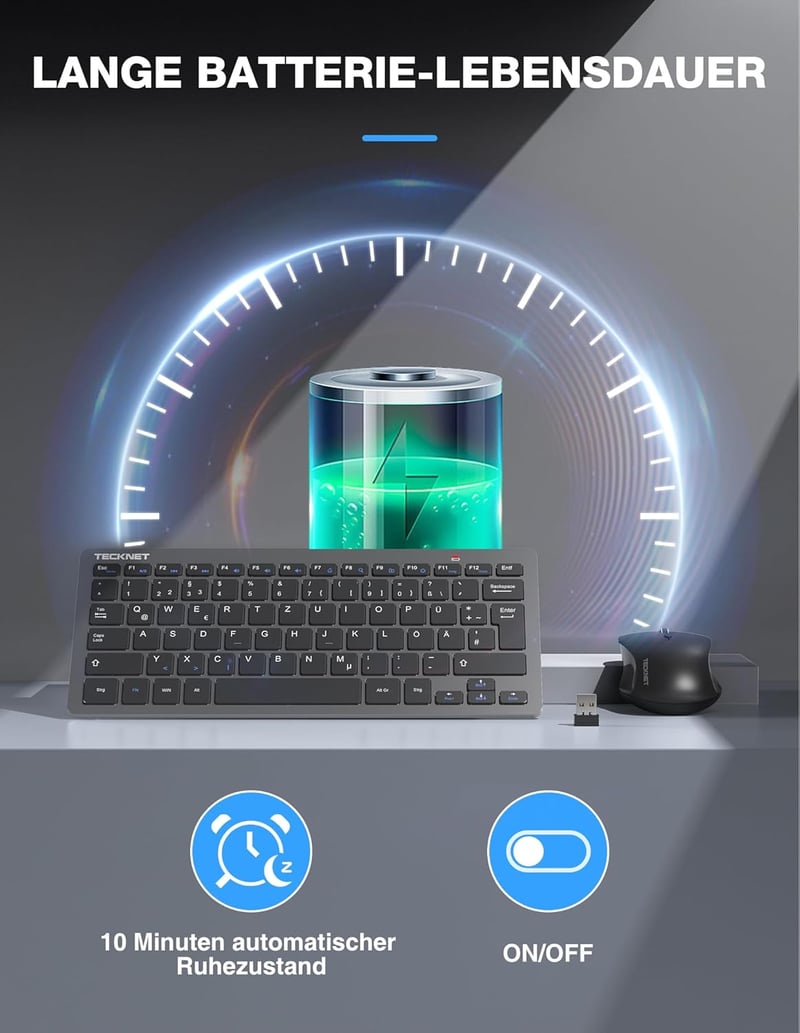 TECKNET Wireless Billentyűzet és Egér Szett, Német QWERTZ, 2.4 GHz, 15m Hatótáv, PC/Laptop/TV