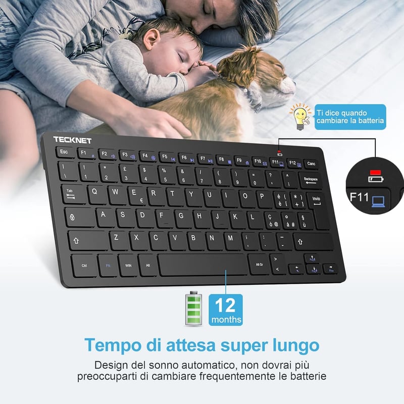 TECKNET Wireless Billentyűzet QWERTY Olasz Layout, PC és Android TV-hez, Hosszú Akkumulátor Élettartam
