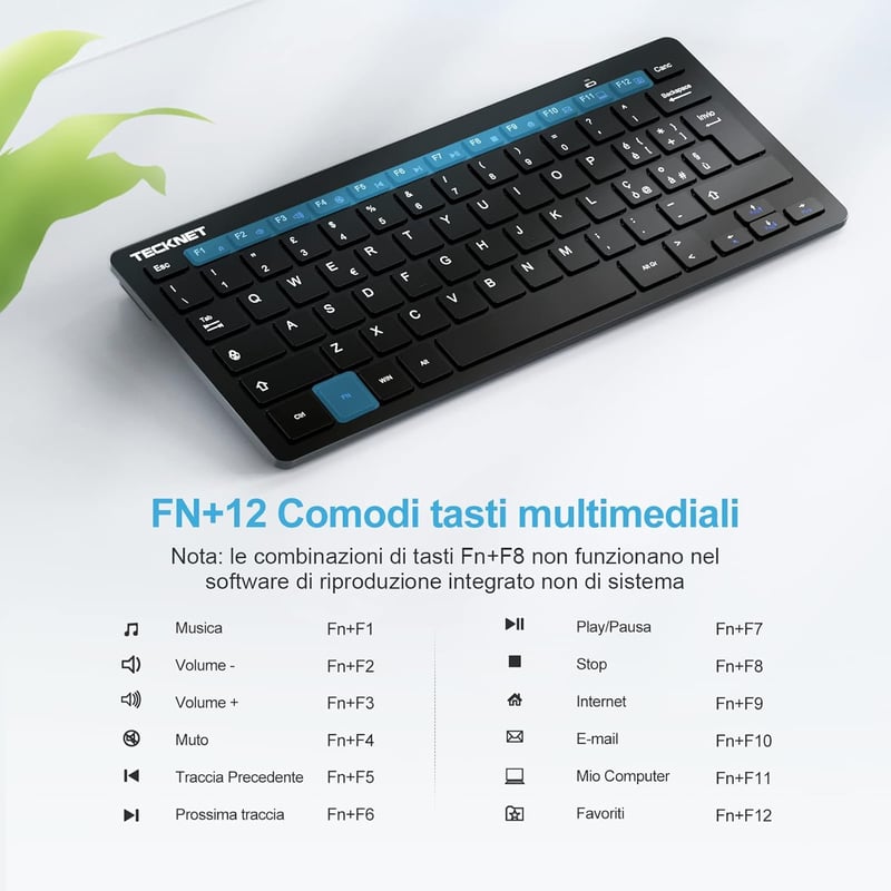 TECKNET Wireless Billentyűzet QWERTY Olasz Layout, PC és Android TV-hez, Hosszú Akkumulátor Élettartam