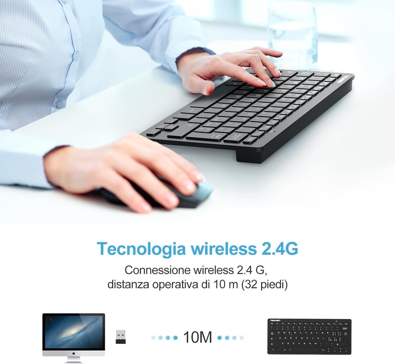TECKNET Wireless Billentyűzet QWERTY Olasz Layout, PC és Android TV-hez, Hosszú Akkumulátor Élettartam