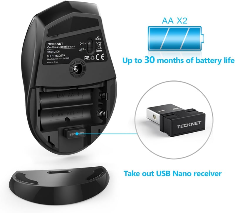 TeckNet Wireless Egér 2.4G USB Nano Vevővel, Csendes Optikai Egér 3000 DPI
