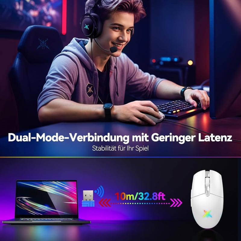 TECKNET Wireless Gaming Egér RGB 2.4G 8000 DPI Újratölthető Ultralight