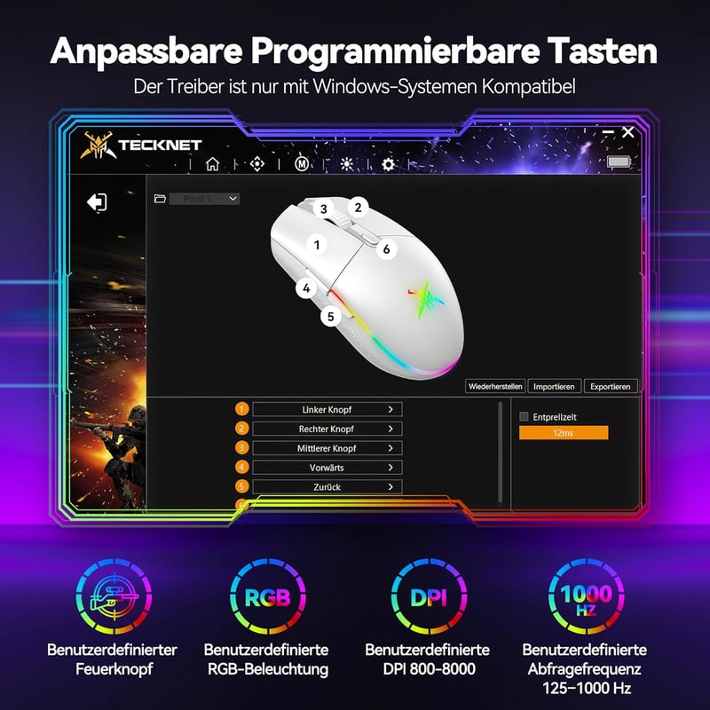 TECKNET Wireless Gaming Egér RGB 2.4G 8000 DPI Újratölthető Ultralight