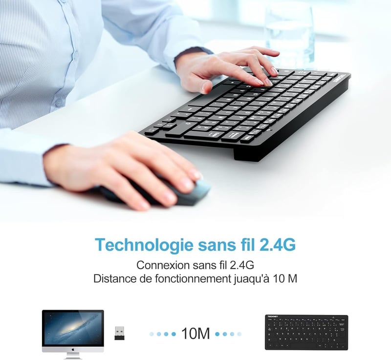 TECKNET Wireless Mini Billentyűzet 2.4G AZERTY, Ultravékony, Hosszú Akkumulátor, 12 Multimédia Gomb