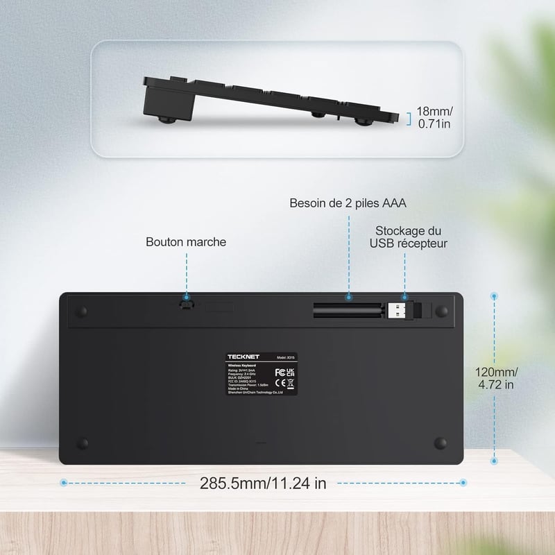TECKNET Wireless Mini Billentyűzet 2.4G AZERTY, Ultravékony, Hosszú Akkumulátor, 12 Multimédia Gomb
