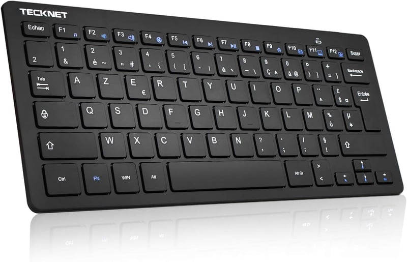 TECKNET Wireless Mini Billentyűzet 2.4G AZERTY, Ultravékony, Hosszú Akkumulátor, 12 Multimédia Gomb