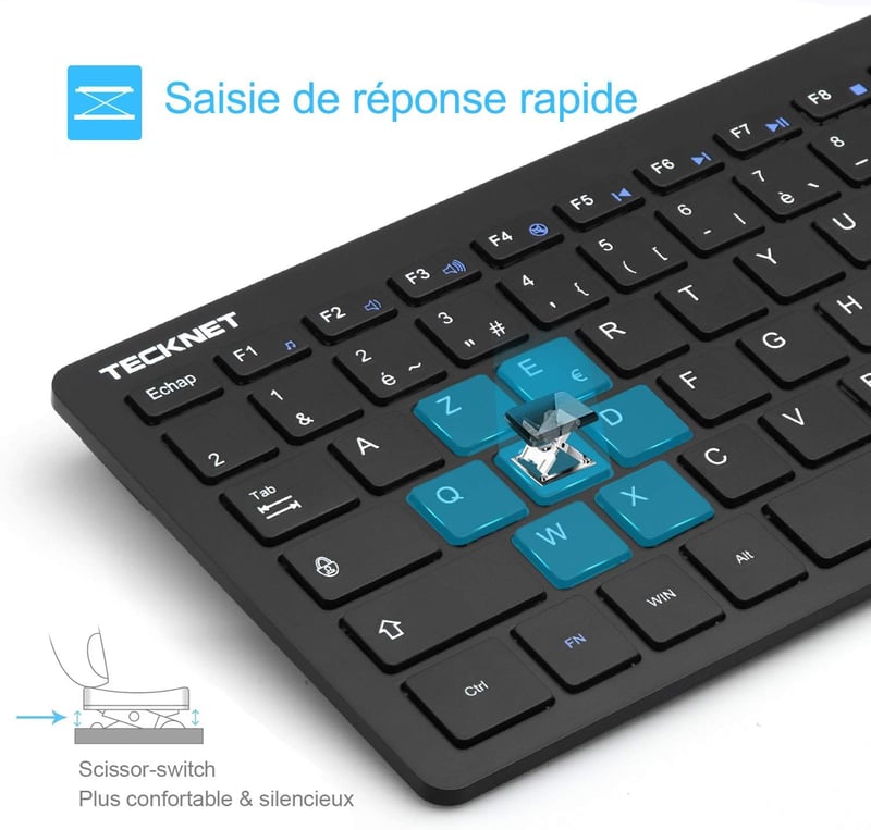 TECKNET Wireless Mini Billentyűzet 2.4G AZERTY, Ultravékony, Hosszú Akkumulátor, 12 Multimédia Gomb