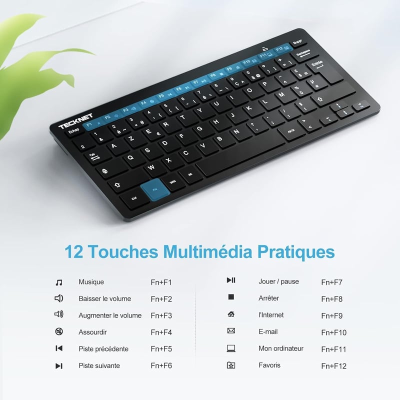 TECKNET Wireless Mini Billentyűzet 2.4G AZERTY, Ultravékony, Hosszú Akkumulátor, 12 Multimédia Gomb