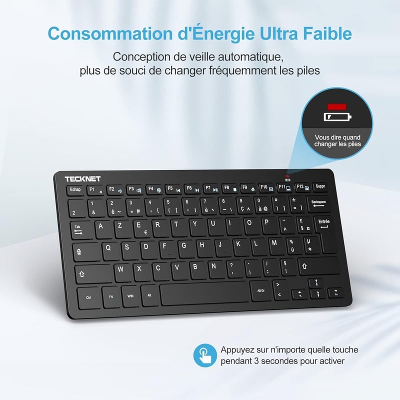 TECKNET Wireless Mini Billentyűzet 2.4G AZERTY, Ultravékony, Hosszú Akkumulátor, 12 Multimédia Gomb