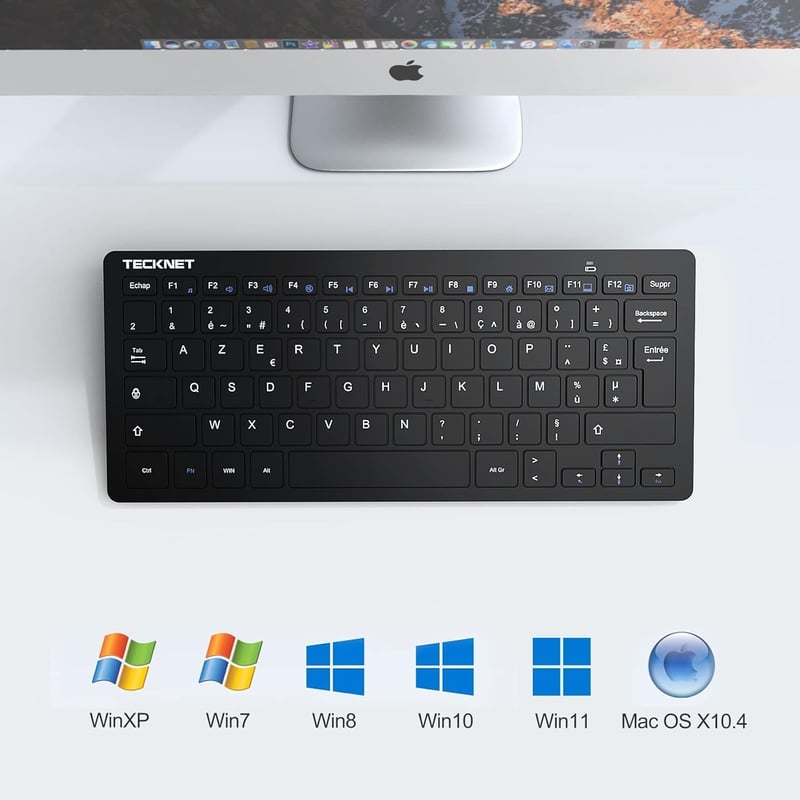 TECKNET Wireless Mini Billentyűzet 2.4G AZERTY, Ultravékony, Hosszú Akkumulátor, 12 Multimédia Gomb