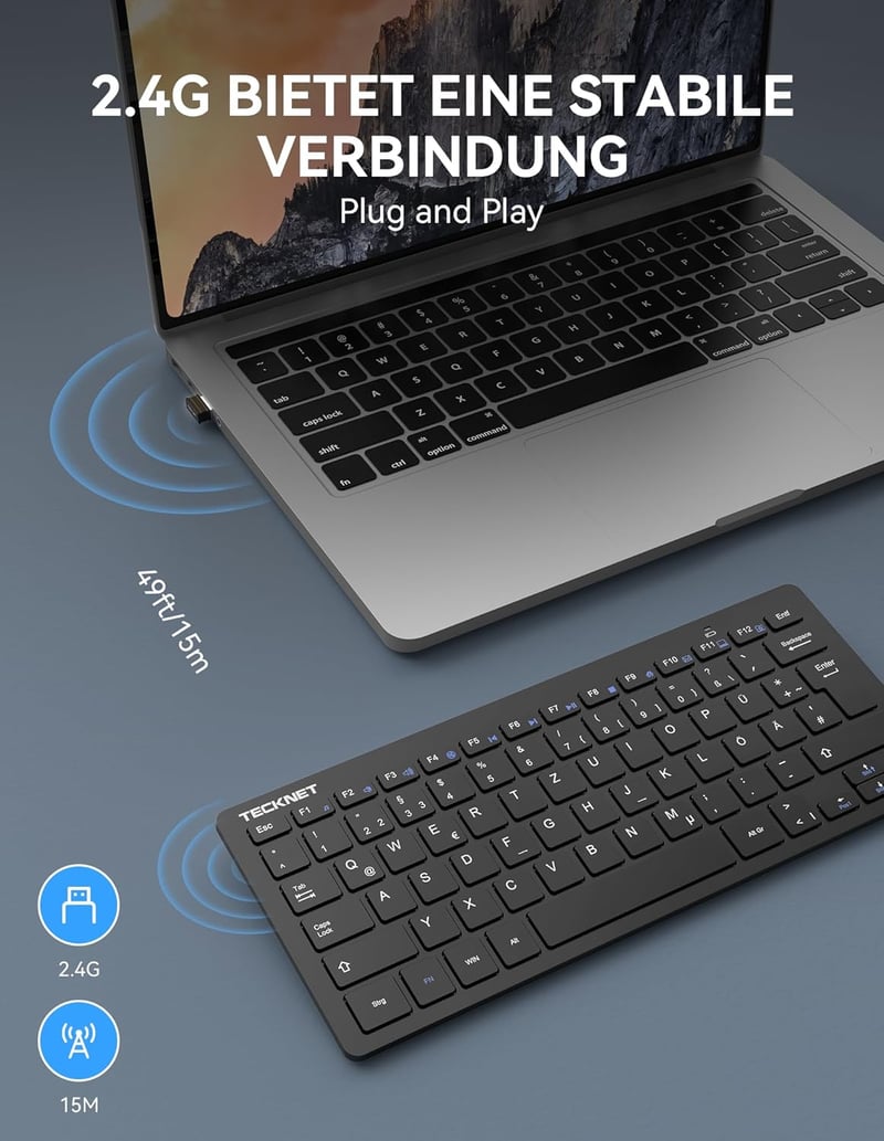 TeckNet X 315 ultravékony vezeték nélküli Mini billentyűzet QWERTZ fekete