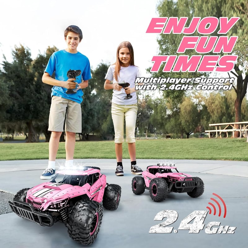 Tecnock Távirányítós Autó 1:16 Rózsaszín LED Világítással, Terepjáró RC Monster Truck 2.4GHz, 2 Akkuval 60 Perc Játékidő