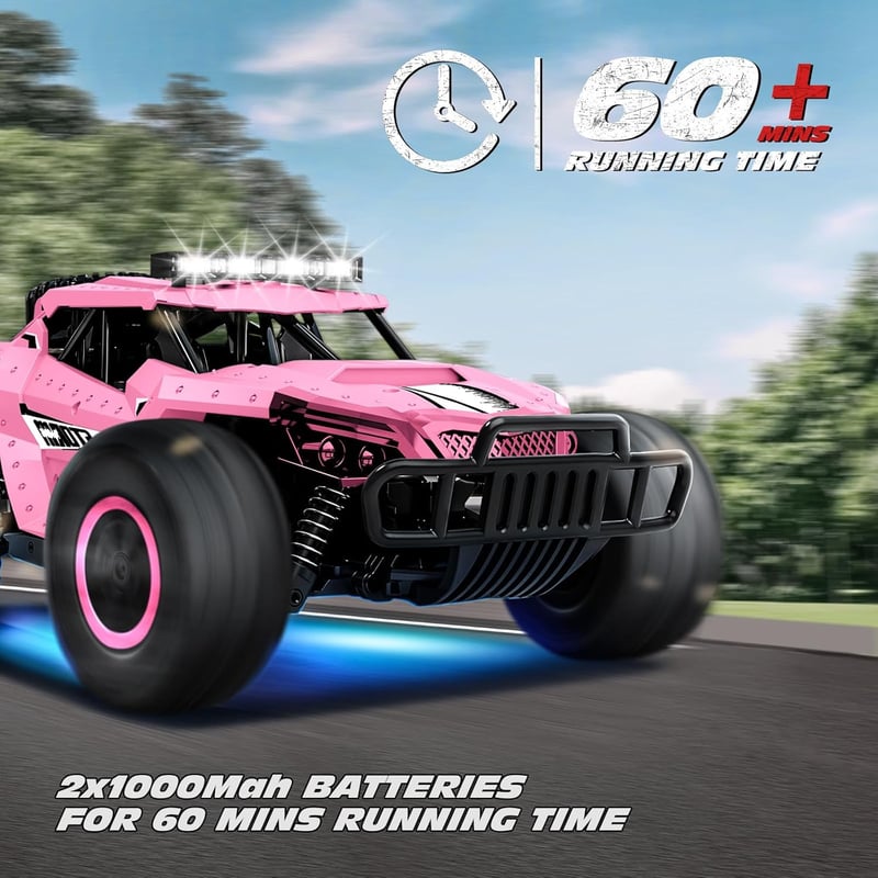 Tecnock Távirányítós Autó 1:16 Rózsaszín LED Világítással, Terepjáró RC Monster Truck 2.4GHz, 2 Akkuval 60 Perc Játékidő