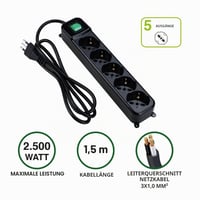 Tecnoware Power Systems predlžovací prívod s 5 zásuvkami (Schuko/talianske), 10A, uhol 45°, podsvietený vypínač, detská poistka, čierny, talianska zástrčka 2