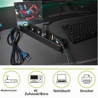 Tecnoware Power Systems predlžovací prívod s 5 zásuvkami (Schuko/talianske), 10A, uhol 45°, podsvietený vypínač, detská poistka, čierny, talianska zástrčka 5