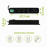 Tecnoware Power Systems predlžovací prívod s 5 zásuvkami (Schuko/talianske), 10A, uhol 45°, podsvietený vypínač, detská poistka, čierny, talianska zástrčka 3