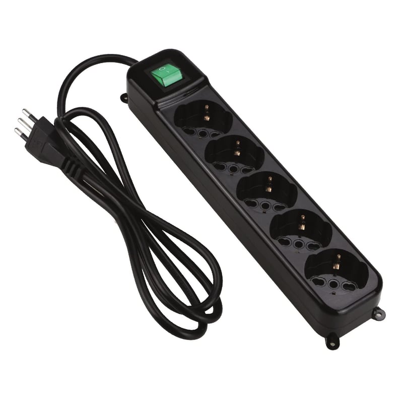 Tecnoware Power Systems predlžovací prívod s 5 zásuvkami (Schuko/talianske), 10A, uhol 45°, podsvietený vypínač, detská poistka, čierny, talianska zástrčka