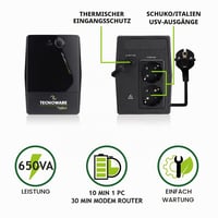 Sursă de alimentare neîntreruptibilă (UPS) Tecnoware Power Systems ERA Plus 650VA pentru PC și modem, 2 prize Schuko, protecție la căderi de tensiune și supratensiune, NAS, POS, camere video 2