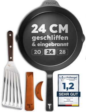 TECOR tava od lijevanog željeza, indukcijska, 24 cm, polirana, neprianjajuća, prirodni premaz, univerzalna, trajna kvaliteta