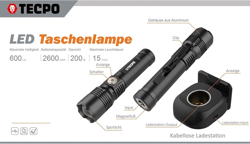 TECPO Torch 600 Lumen LED Zseblámpa 250m Hatótáv 2600mAh Akkumulátor