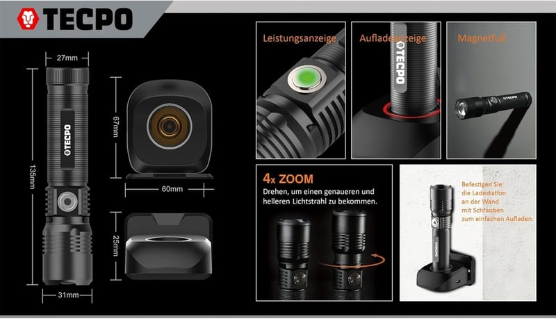 TECPO Torch 600 Lumen LED Zseblámpa 250m Hatótáv 2600mAh Akkumulátor