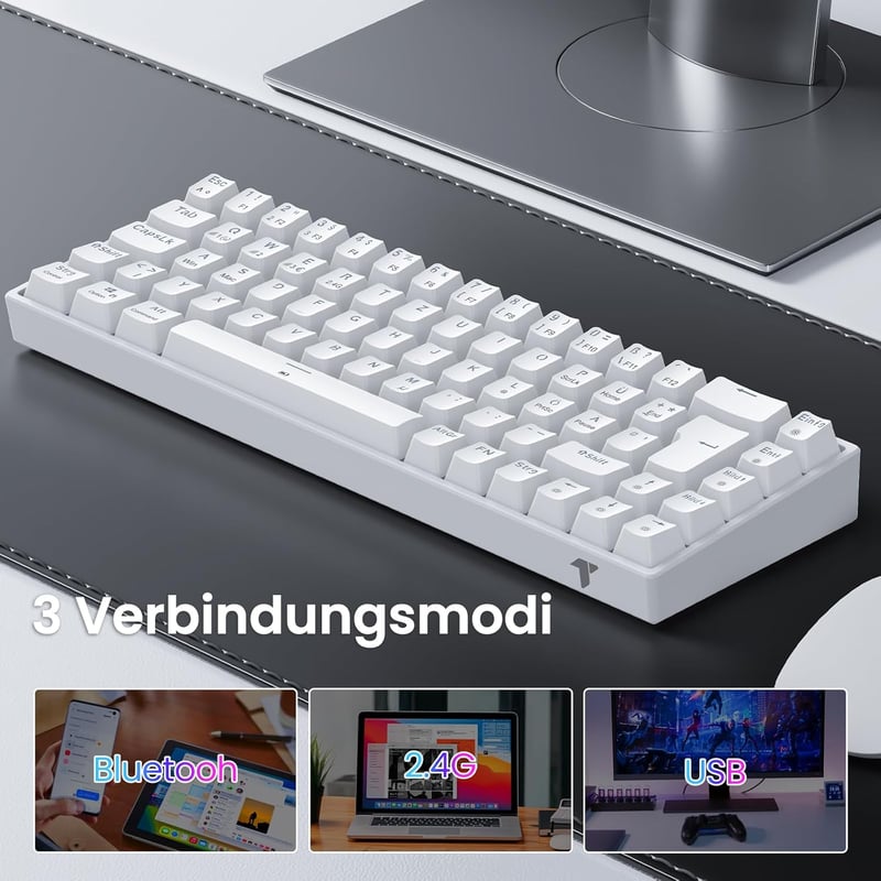 TECURS 65% Mechanikus Gaming Billentyűzet RGB Wireless Bluetooth Kábel Piros Switch Fehér