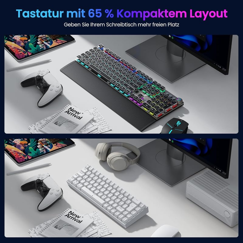 TECURS 65% Mechanikus Gaming Billentyűzet RGB Wireless Bluetooth Kábel Piros Switch Fehér