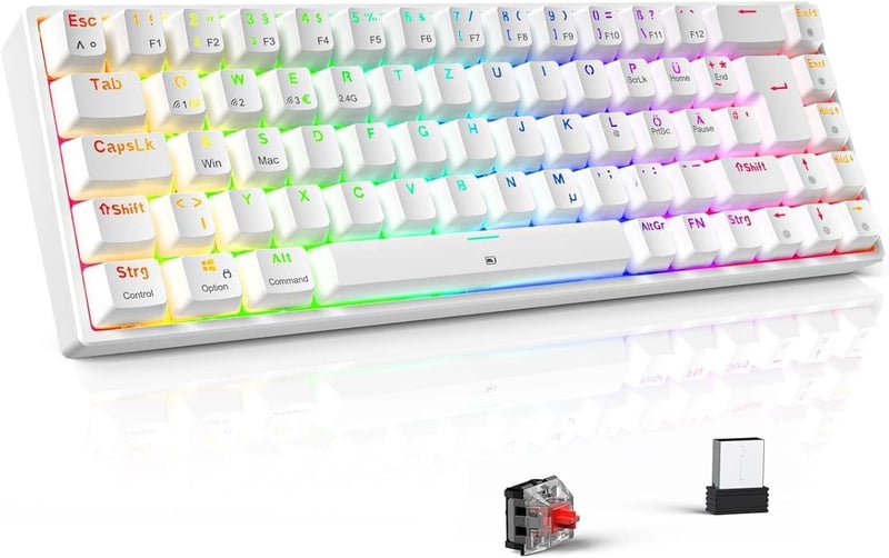 TECURS 65% Mechanikus Gaming Billentyűzet RGB Wireless Bluetooth Kábel Piros Switch Fehér