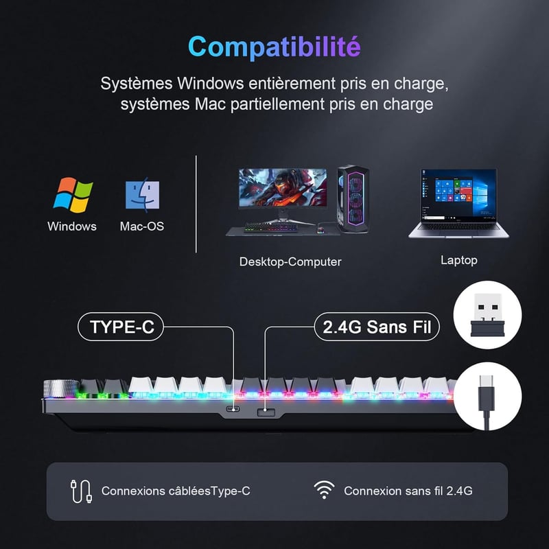 TECURS 80% TKL Wireless Mechanikus Gamer Billentyűzet Red Switch QWERTZ