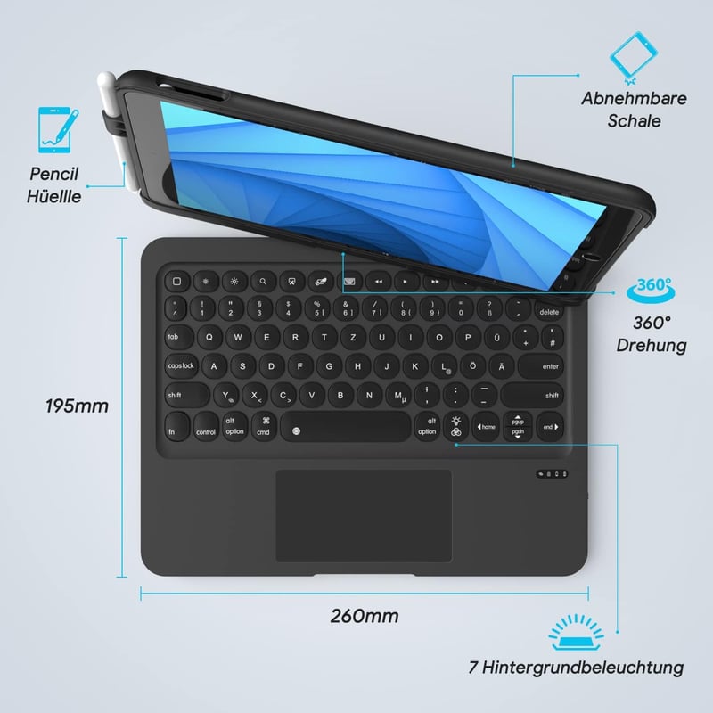 TECURS Billentyűzetes Tok iPad 10.2 Hüvelyk 9./8./7. Generációhoz, 360° Forgatható, Ceruza Tartóval, QWERTZ, Fekete