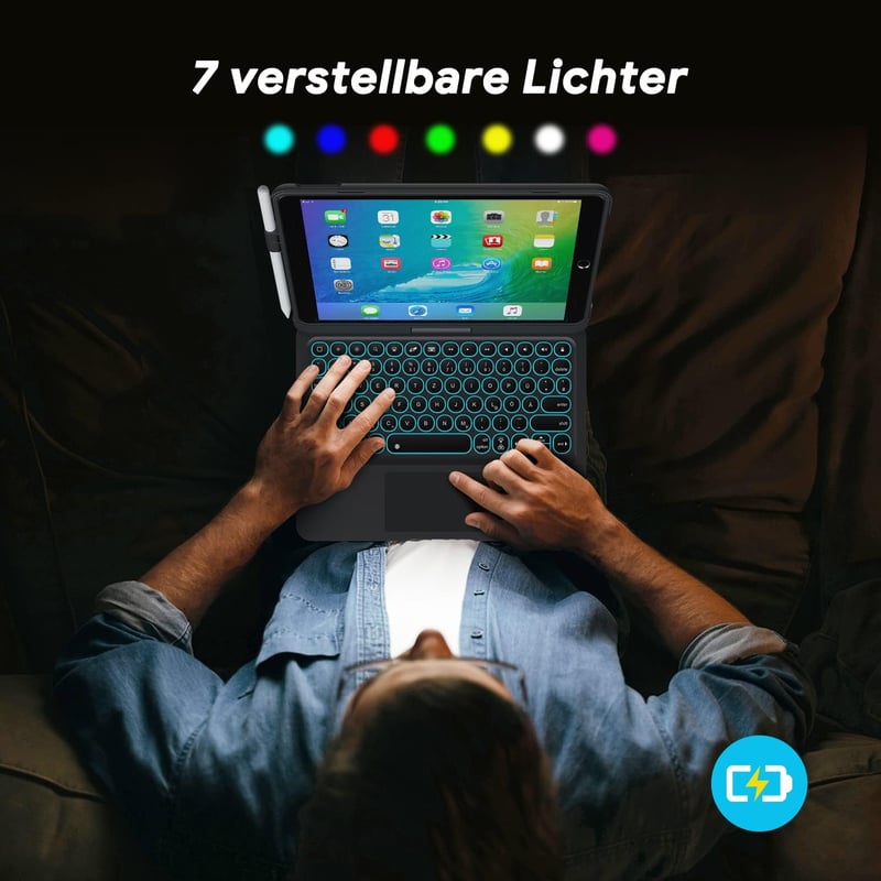 TECURS Billentyűzetes Tok iPad 10.2 Hüvelyk 9./8./7. Generációhoz, 360° Forgatható, Ceruza Tartóval, QWERTZ, Fekete