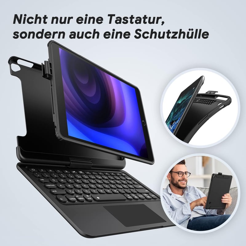 TECURS Billentyűzetes Tok iPad 10.2 Hüvelyk 9./8./7. Generációhoz, 360° Forgatható, Ceruza Tartóval, QWERTZ, Fekete