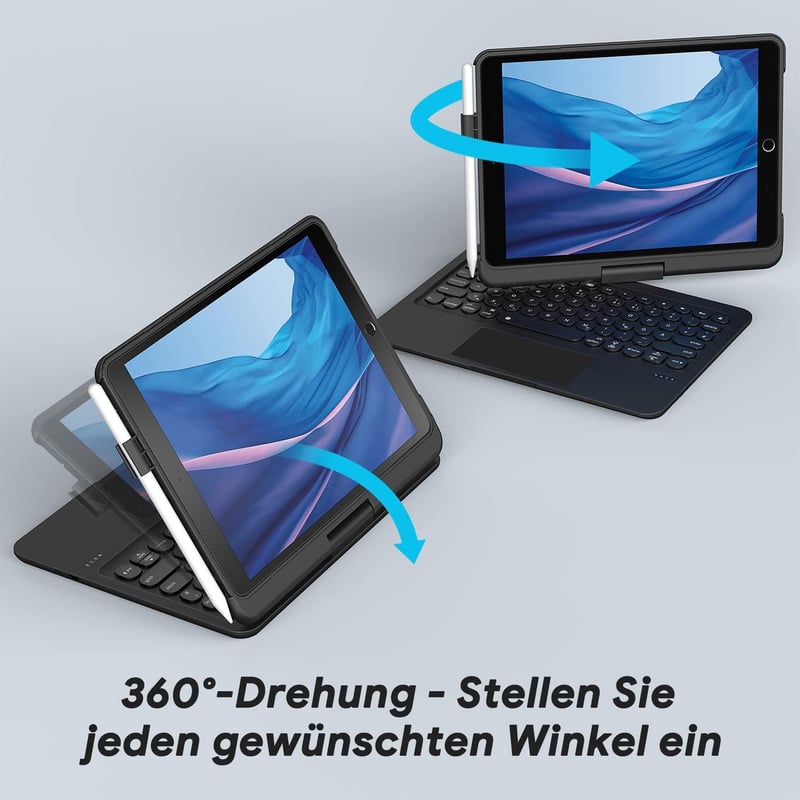 TECURS Billentyűzetes Tok iPad 10.2 Hüvelyk 9./8./7. Generációhoz, 360° Forgatható, Ceruza Tartóval, QWERTZ, Fekete
