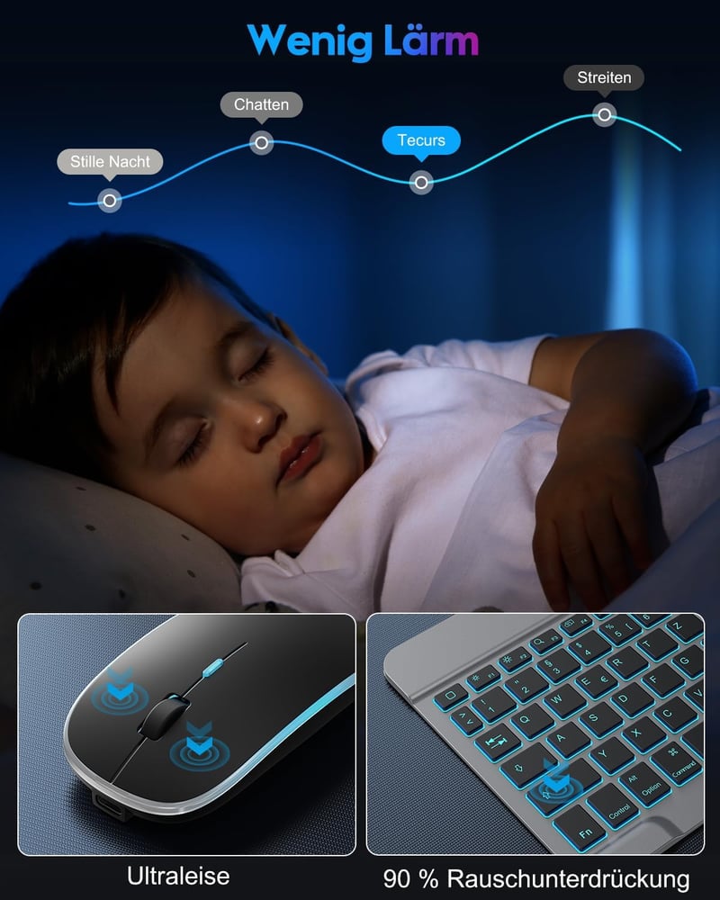 TECURS Bluetooth Billentyűzet és Egér Szett iPad iPhone-hoz QWERTZ Német Elrendezés Vezeték Nélküli Újratölthető Szürke