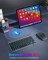 TECURS Bluetooth Billentyűzet és Egér Szett iPad iPhone-hoz QWERTZ Német Elrendezés Vezeték Nélküli Újratölthető Szürke 2