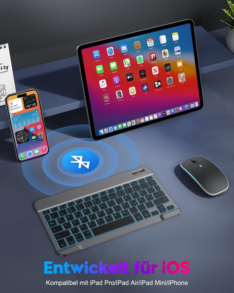 TECURS Bluetooth Billentyűzet és Egér Szett iPad iPhone-hoz QWERTZ Német Elrendezés Vezeték Nélküli Újratölthető Szürke