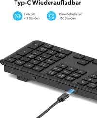 TECURS Bluetooth Vezeték Nélküli Billentyűzet, Dupla Csatlakozás USB és Type-C, 3 Eszköz Kapcsolat, Újratölthető Fekete QWERTZ - German layout 4