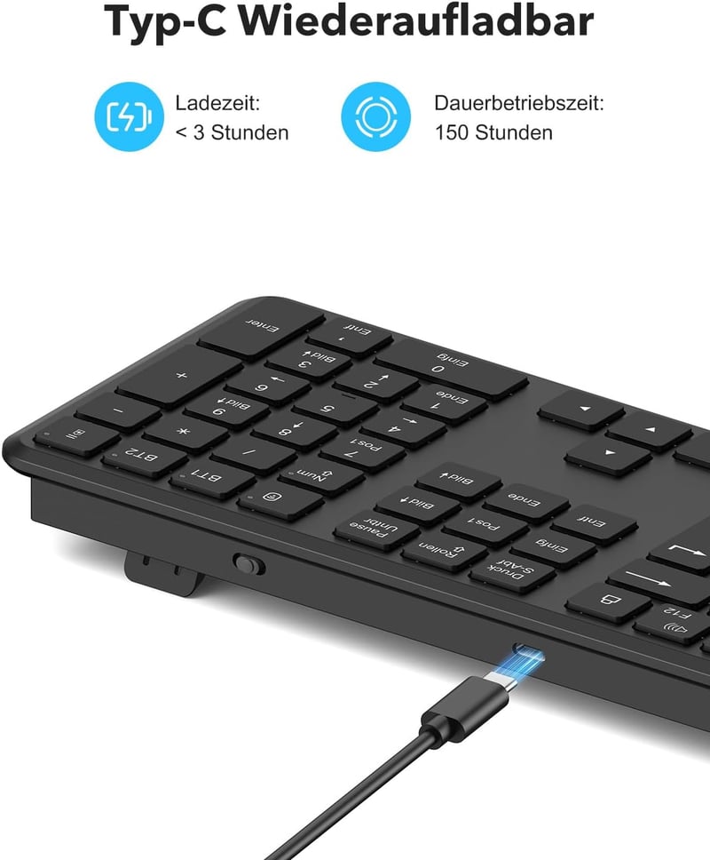 TECURS Bluetooth Vezeték Nélküli Billentyűzet, Dupla Csatlakozás USB és Type-C, 3 Eszköz Kapcsolat, Újratölthető Fekete QWERTZ - German layout
