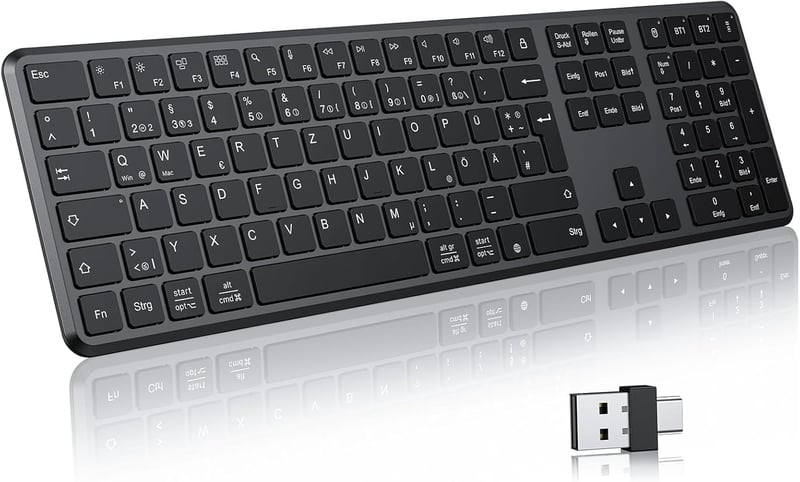 TECURS Bluetooth Vezeték Nélküli Billentyűzet, Dupla Csatlakozás USB és Type-C, 3 Eszköz Kapcsolat, Újratölthető Fekete QWERTZ - German layout