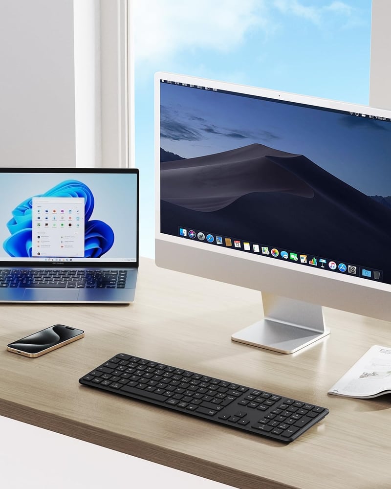 TECURS Bluetooth Vezeték Nélküli Billentyűzet, Dupla Csatlakozás USB és Type-C, 3 Eszköz Kapcsolat, Újratölthető Fekete QWERTZ - German layout