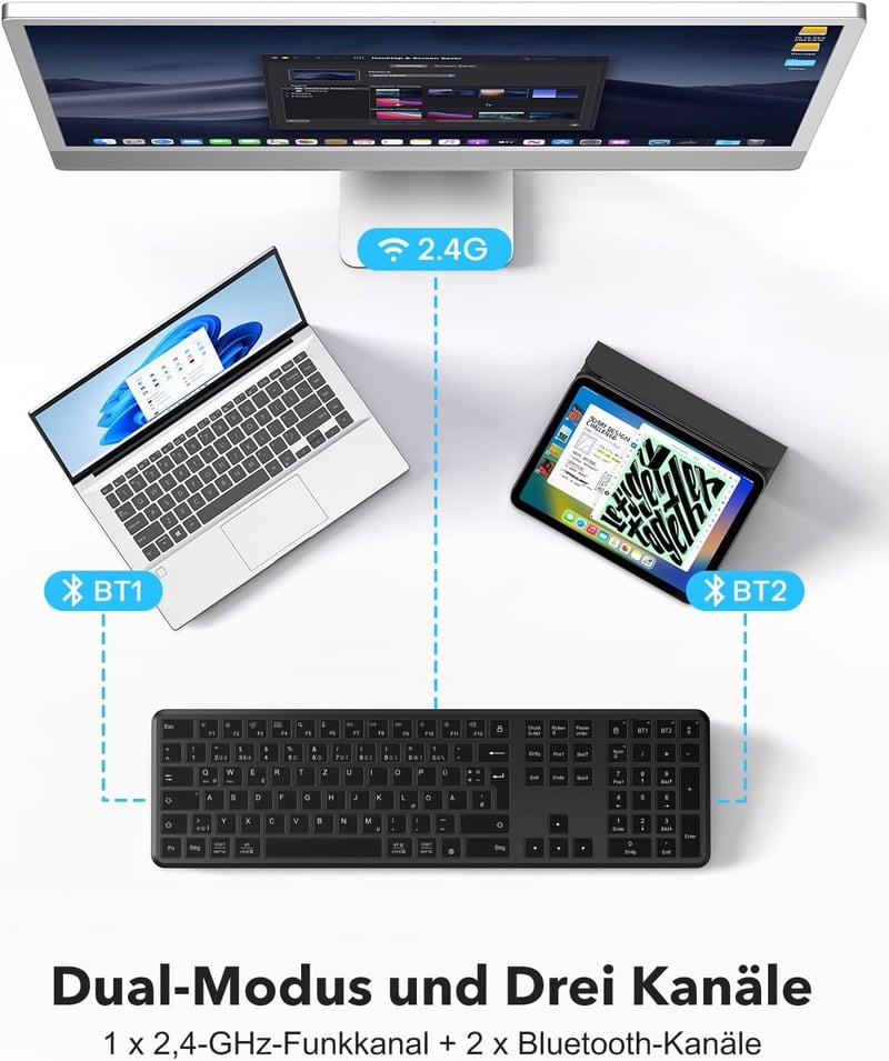 TECURS Bluetooth Vezeték Nélküli Billentyűzet, Dupla Csatlakozás USB és Type-C, 3 Eszköz Kapcsolat, Újratölthető Fekete QWERTZ - German layout